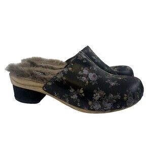 Jambu Handcrafted Monaco Mule Clog Black Floral Leather Faux Fur Lined Womens 10